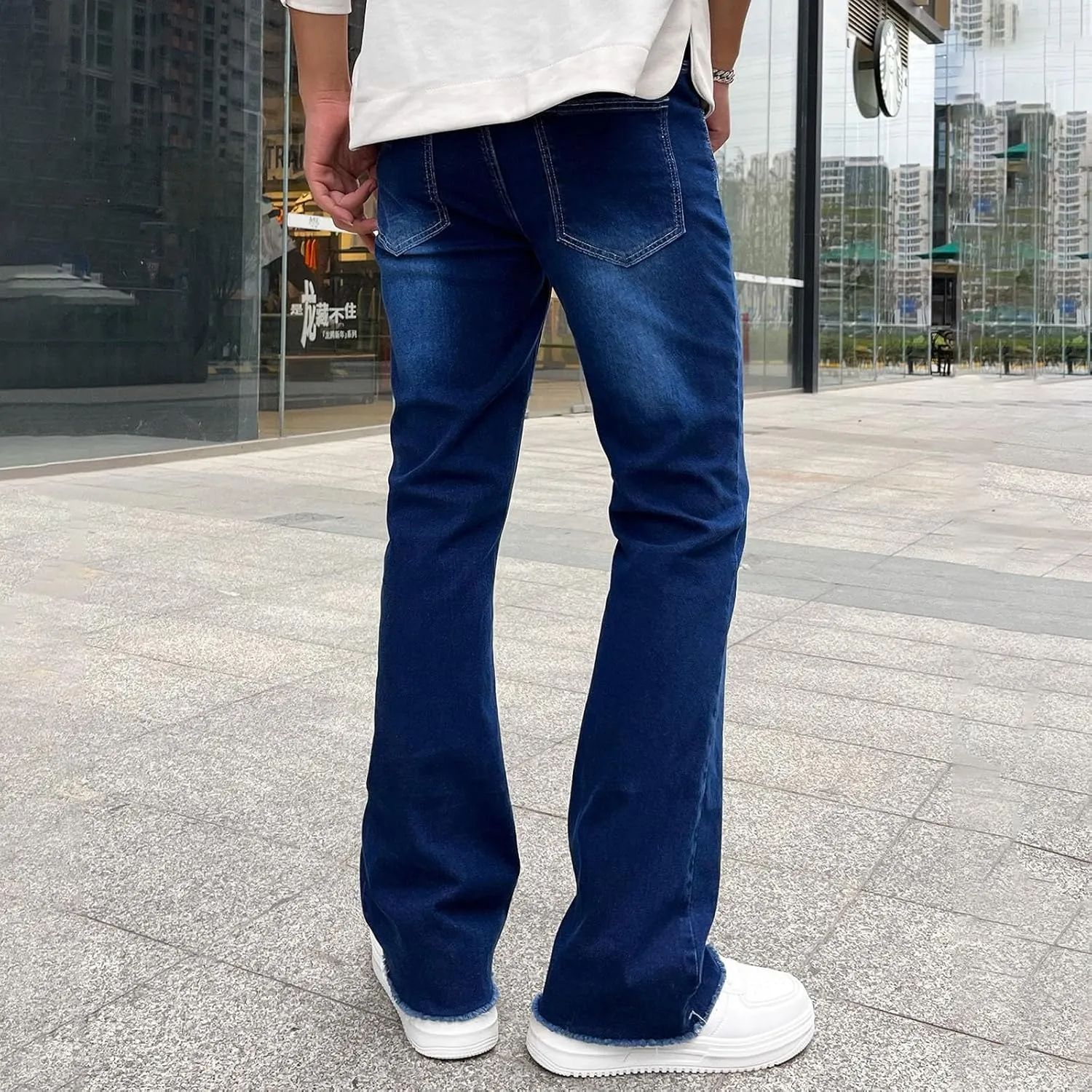 Mens Jeans Stretch Waistband Classic Denim Jeans Comfortable Flexible Pants Relaxed Wide Leg Denim Trouser Streetwear