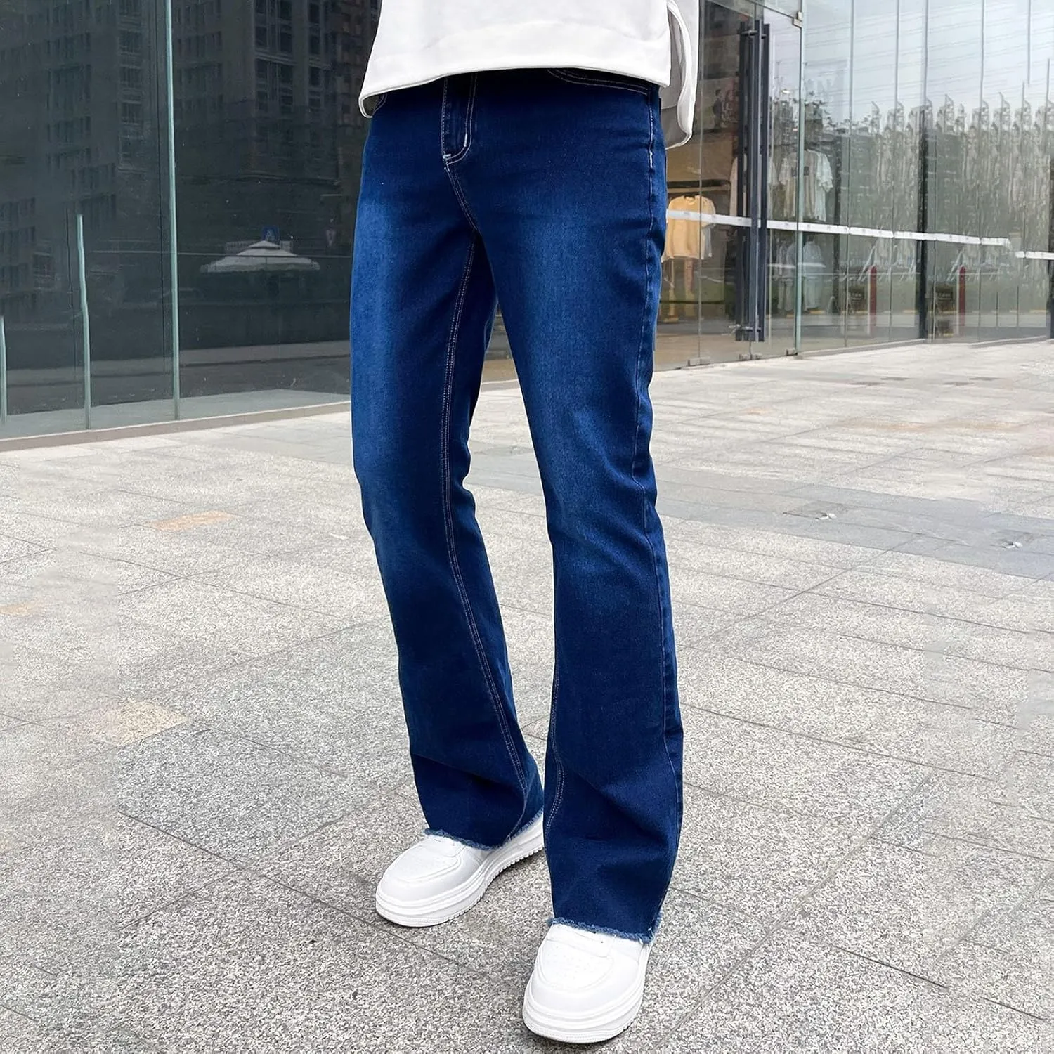 Mens Jeans Stretch Waistband Classic Denim Jeans Comfortable Flexible Pants Relaxed Wide Leg Denim Trouser Streetwear