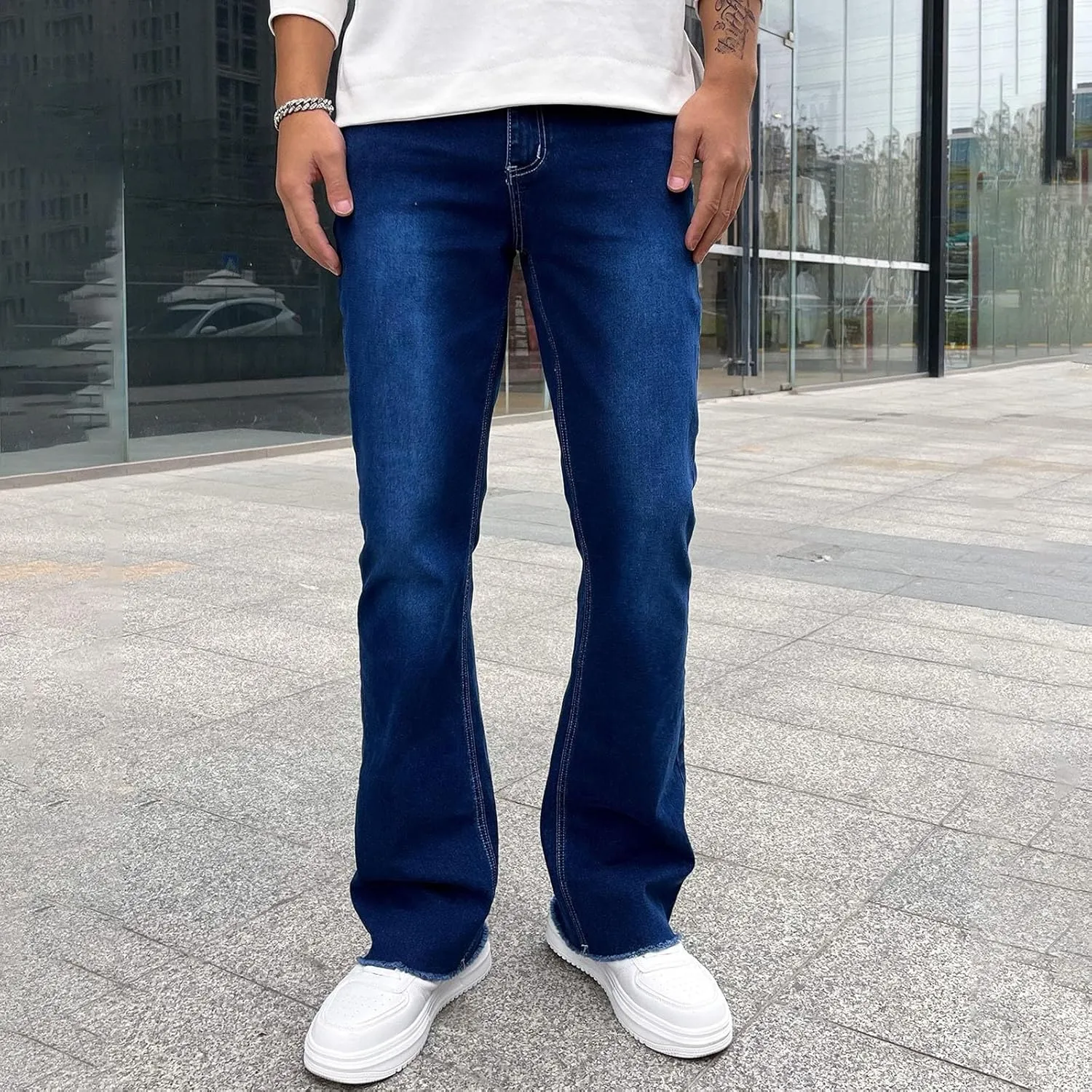 Mens Jeans Stretch Waistband Classic Denim Jeans Comfortable Flexible Pants Relaxed Wide Leg Denim Trouser Streetwear
