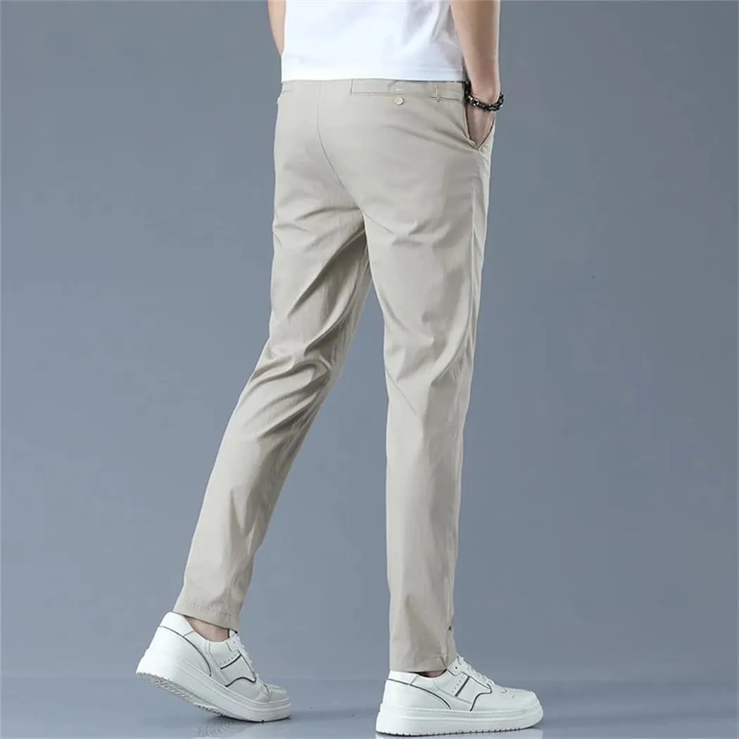 Men's Lighteight Breathable Cotton Slim Fit Classic Straight Jogger Trousers Business Solid Pants