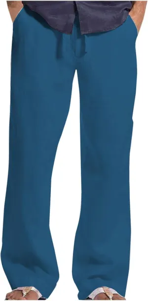 Men's Linen Pants Elastic Waist Lightweight Breathable Relaxed Casual Beach Vacation Daily Pockets