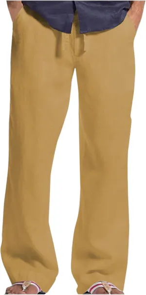 Men's Linen Pants Elastic Waist Lightweight Breathable Relaxed Casual Beach Vacation Daily Pockets