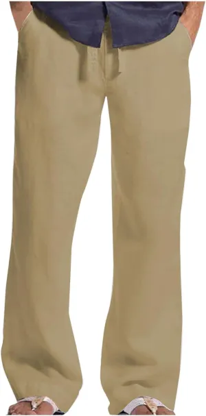 Men's Linen Pants Elastic Waist Lightweight Breathable Relaxed Casual Beach Vacation Daily Pockets