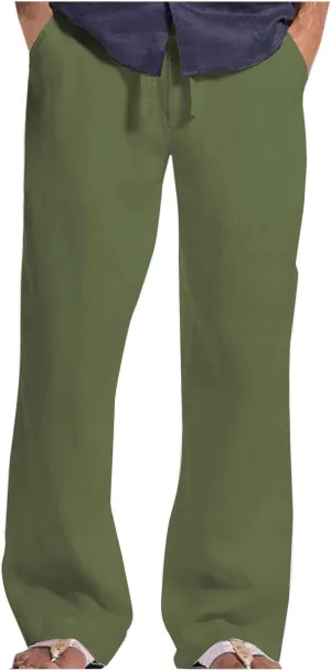 Men's Linen Pants Elastic Waist Lightweight Breathable Relaxed Casual Beach Vacation Daily Pockets