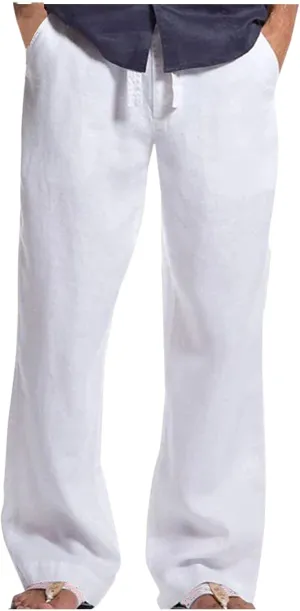 Men's Linen Pants Elastic Waist Lightweight Breathable Relaxed Casual Beach Vacation Daily Pockets