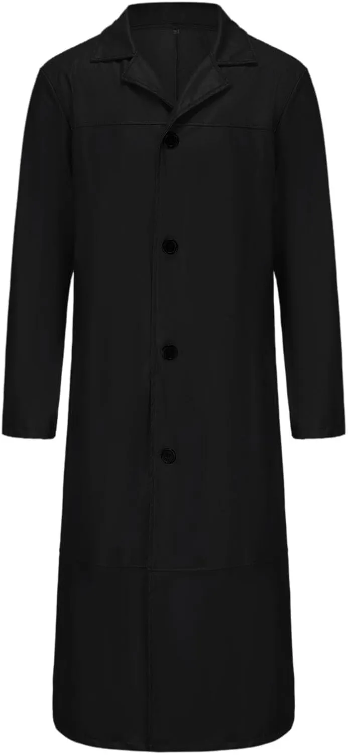 Mens Vintage Faux Leather Trench Coat Full Length Brown Classic Ww2 Military Leather Jacket Steampunk Moto Overcoat