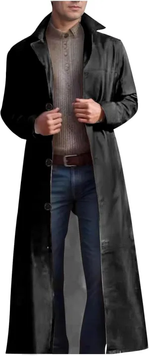 Mens Vintage Faux Leather Trench Coat Full Length Brown Classic Ww2 Military Leather Jacket Steampunk Moto Overcoat