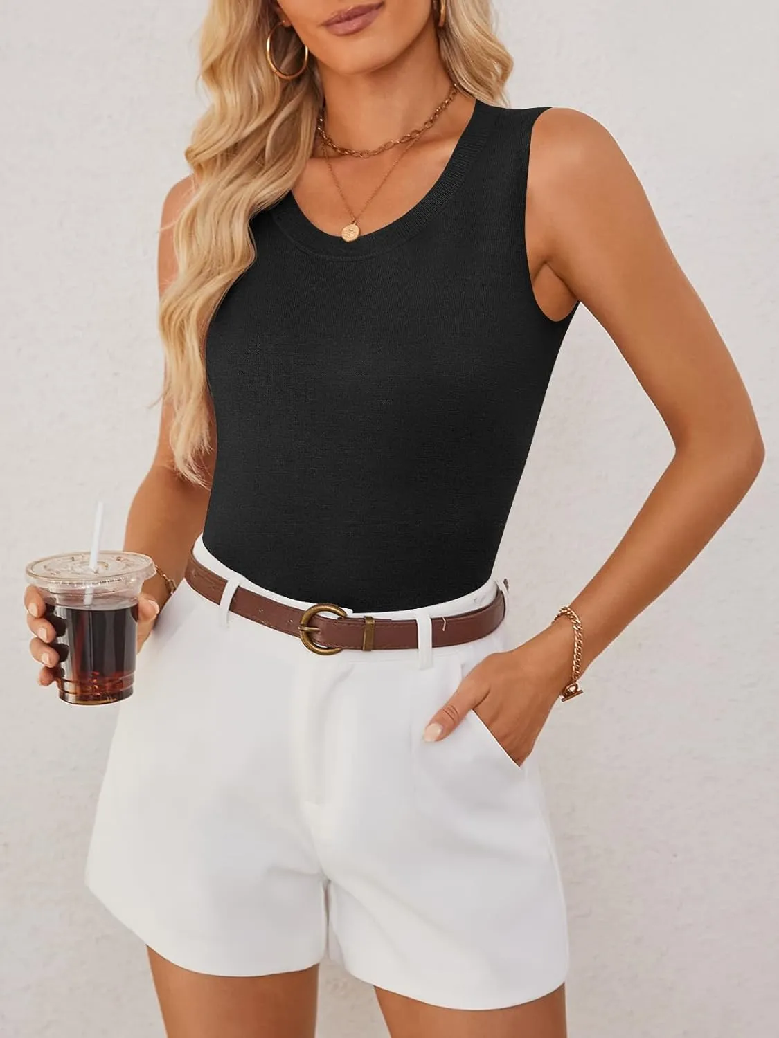 MEROKEETY Women's Summer Casual Sleeveless Tank Tops 2025 Crew Neck Knit Basic Trendy T Shirts