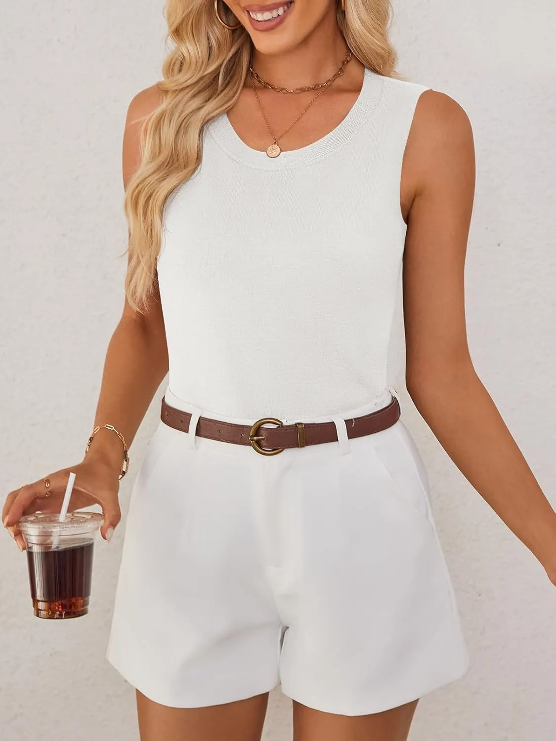 MEROKEETY Women's Summer Casual Sleeveless Tank Tops 2025 Crew Neck Knit Basic Trendy T Shirts
