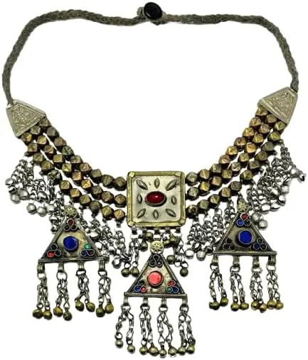 Metal Beaded Layered Necklace, Gypsy Kuchi Vintage Necklace With Dangling Pendants, Bohemian Necklace, Festival Necklace
