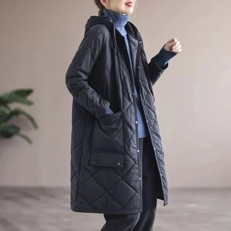 Mid-Length Down Jacket for Women Hooded Cotton-Padded Coat