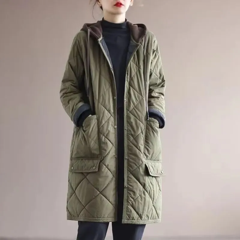 Mid-Length Down Jacket for Women Hooded Cotton-Padded Coat