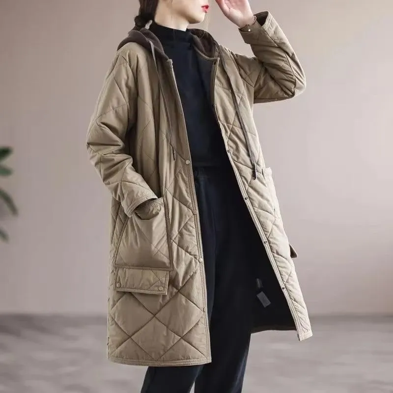 Mid-Length Down Jacket for Women Hooded Cotton-Padded Coat