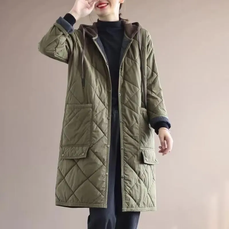 Mid-Length Down Jacket for Women Hooded Cotton-Padded Coat