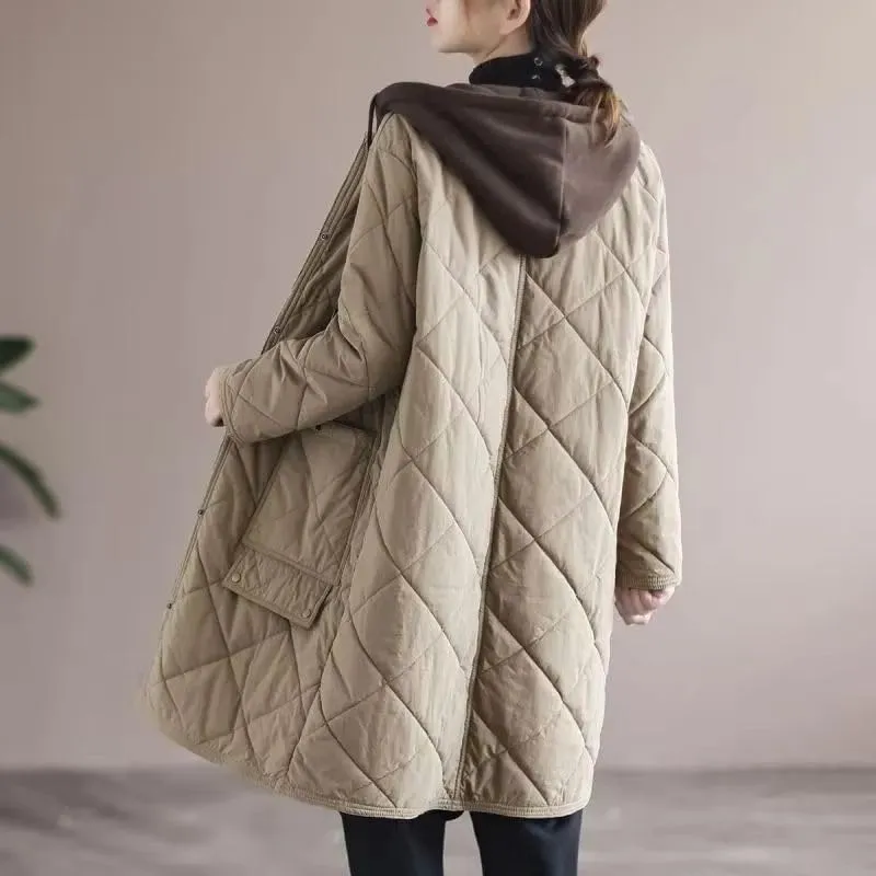Mid-Length Down Jacket for Women Hooded Cotton-Padded Coat