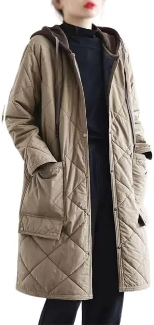 Mid-Length Down Jacket for Women Hooded Cotton-Padded Coat