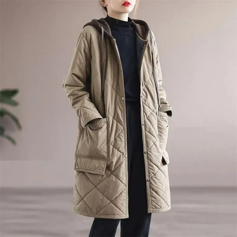 Mid-Length Down Jacket for Women Hooded Cotton-Padded Coat