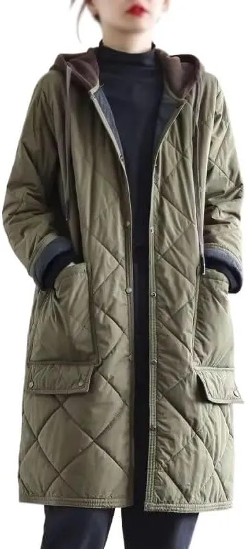 Mid-Length Down Jacket for Women Hooded Cotton-Padded Coat