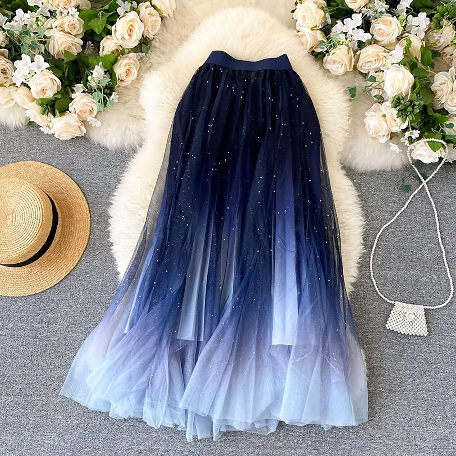 Midi Skirt Women's Fairy Tulle Skirt Starry Sky Gradient Color Mesh Skirt High Waist A Line Pleated Womens Long