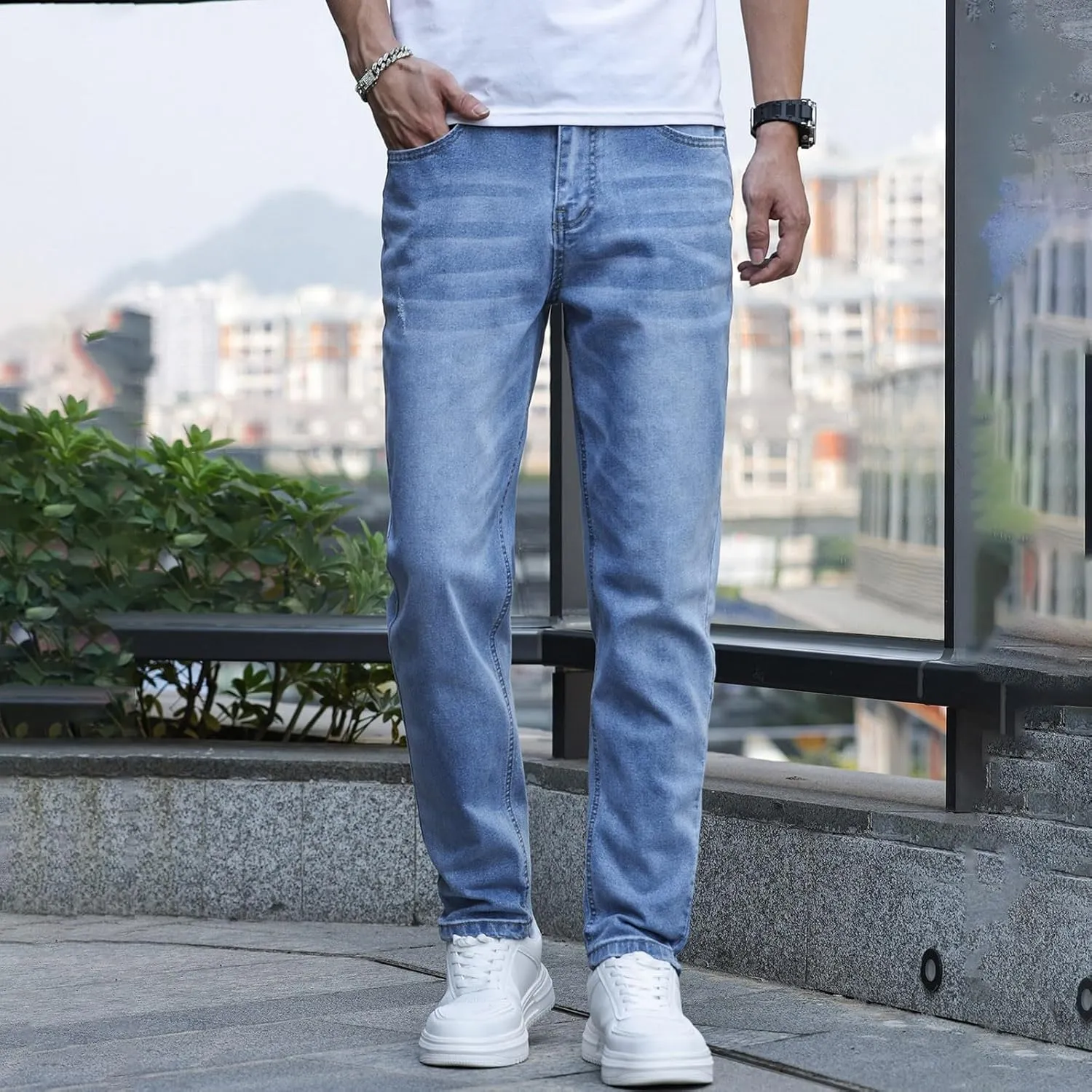 MIDOO Jeans for Men Slim Fit Stretch Casual Aesthetic Jeans Straight Leg Pants Lightweight Stretch Denim Pants Trouser