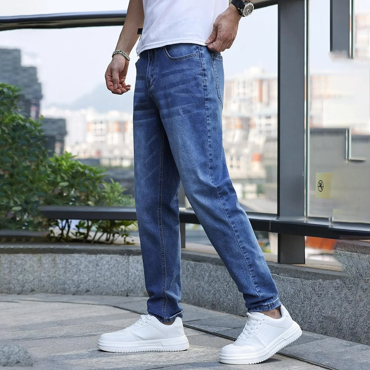 MIDOO Jeans for Men Slim Fit Stretch Casual Aesthetic Jeans Straight Leg Pants Lightweight Stretch Denim Pants Trouser