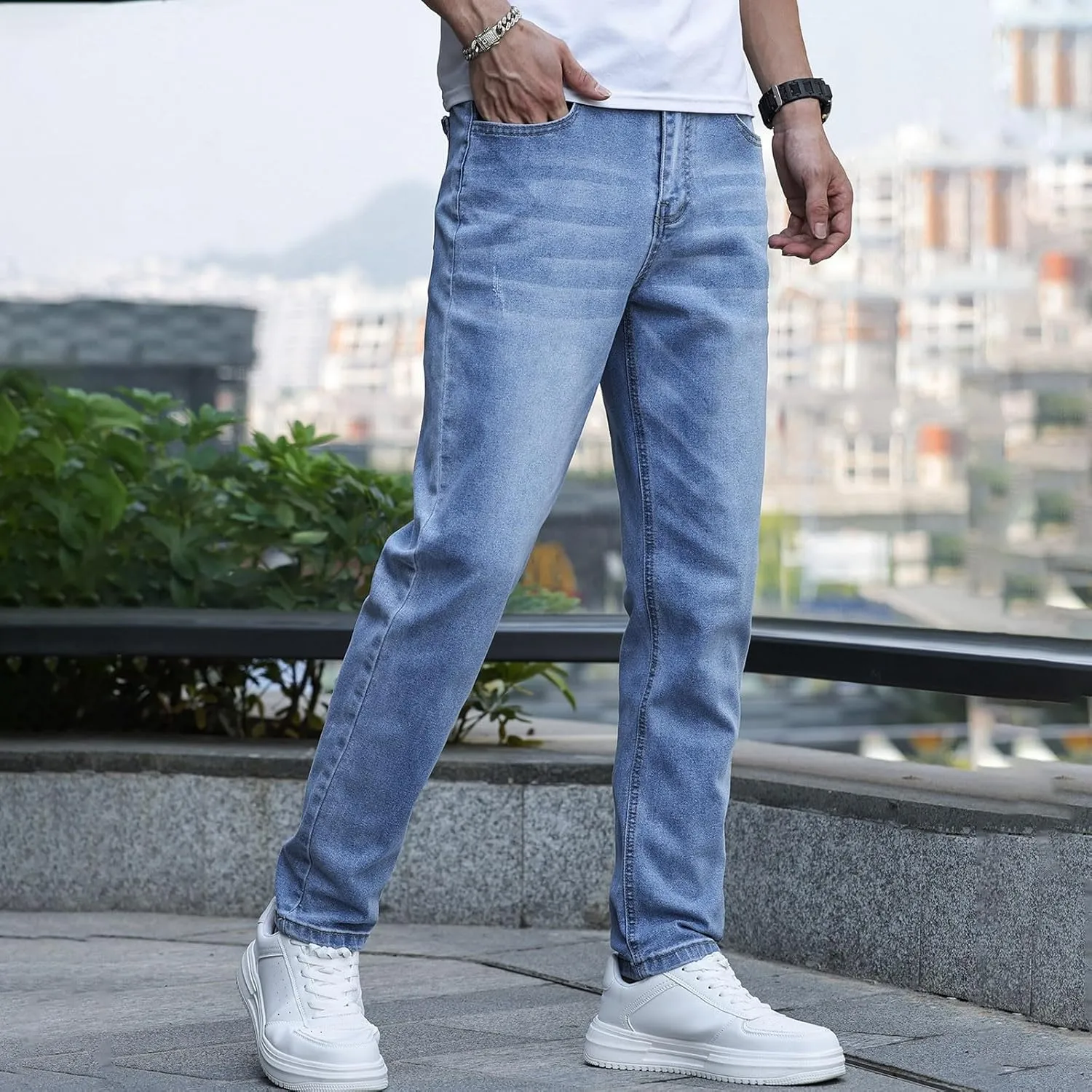 MIDOO Jeans for Men Slim Fit Stretch Casual Aesthetic Jeans Straight Leg Pants Lightweight Stretch Denim Pants Trouser