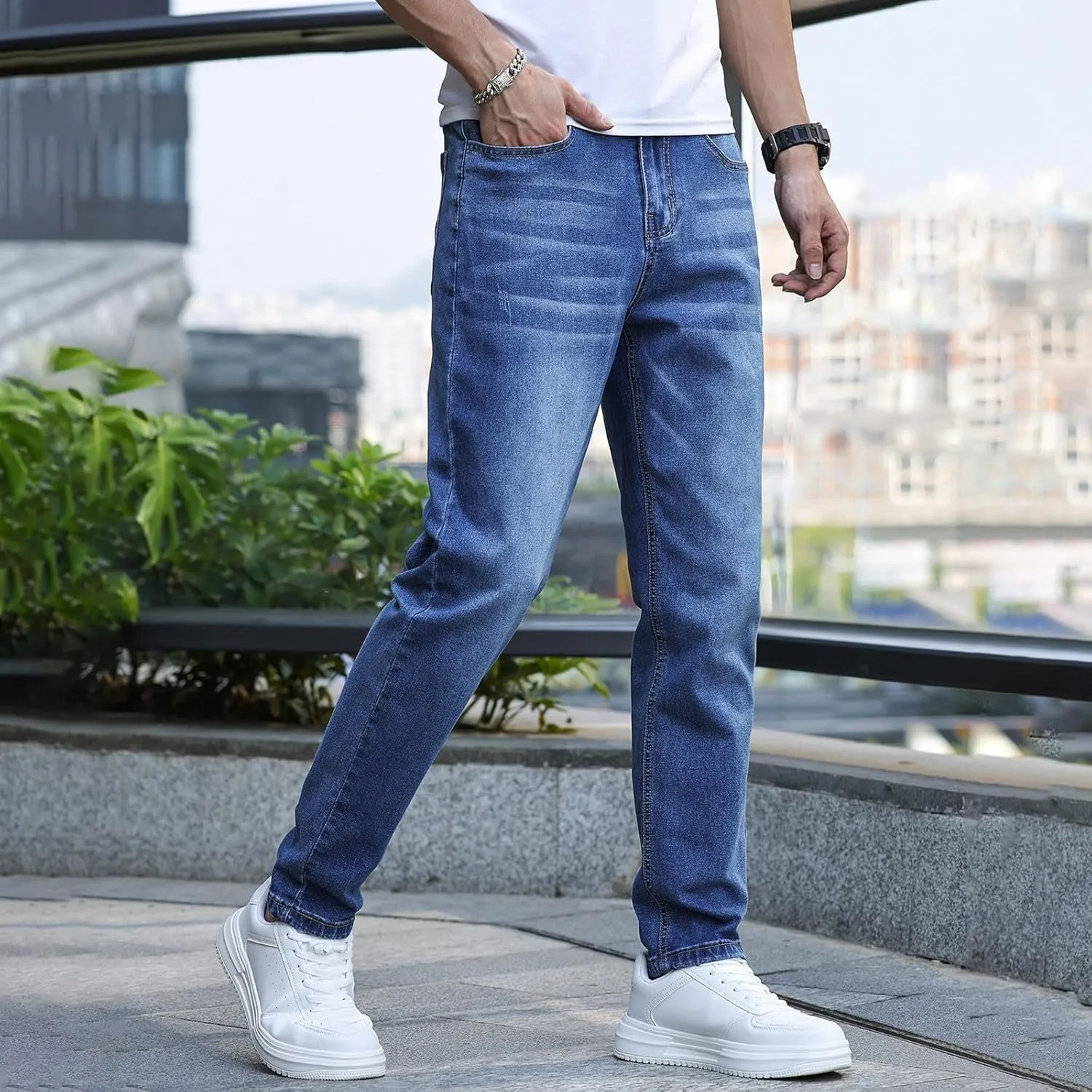 MIDOO Jeans for Men Slim Fit Stretch Casual Aesthetic Jeans Straight Leg Pants Lightweight Stretch Denim Pants Trouser