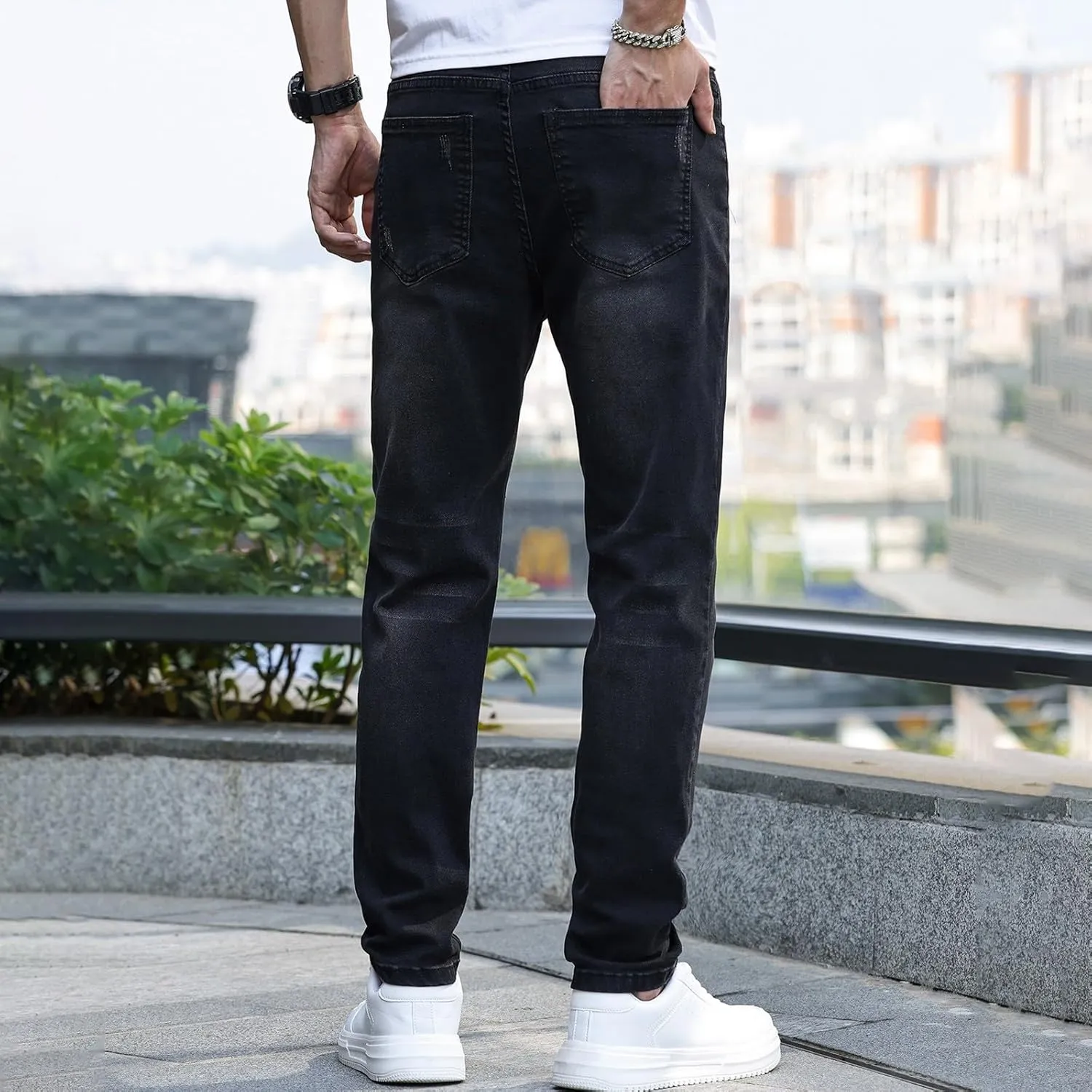 MIDOO Jeans for Men Slim Fit Stretch Casual Aesthetic Jeans Straight Leg Pants Lightweight Stretch Denim Pants Trouser
