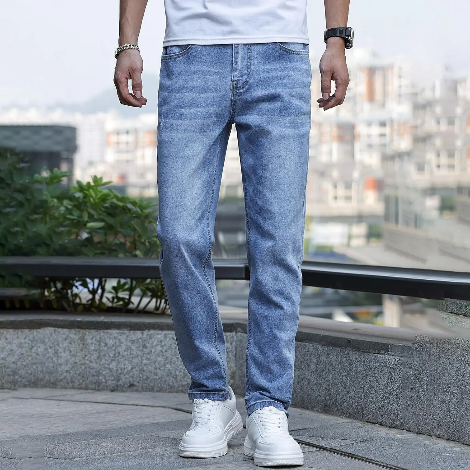 MIDOO Jeans for Men Slim Fit Stretch Casual Aesthetic Jeans Straight Leg Pants Lightweight Stretch Denim Pants Trouser