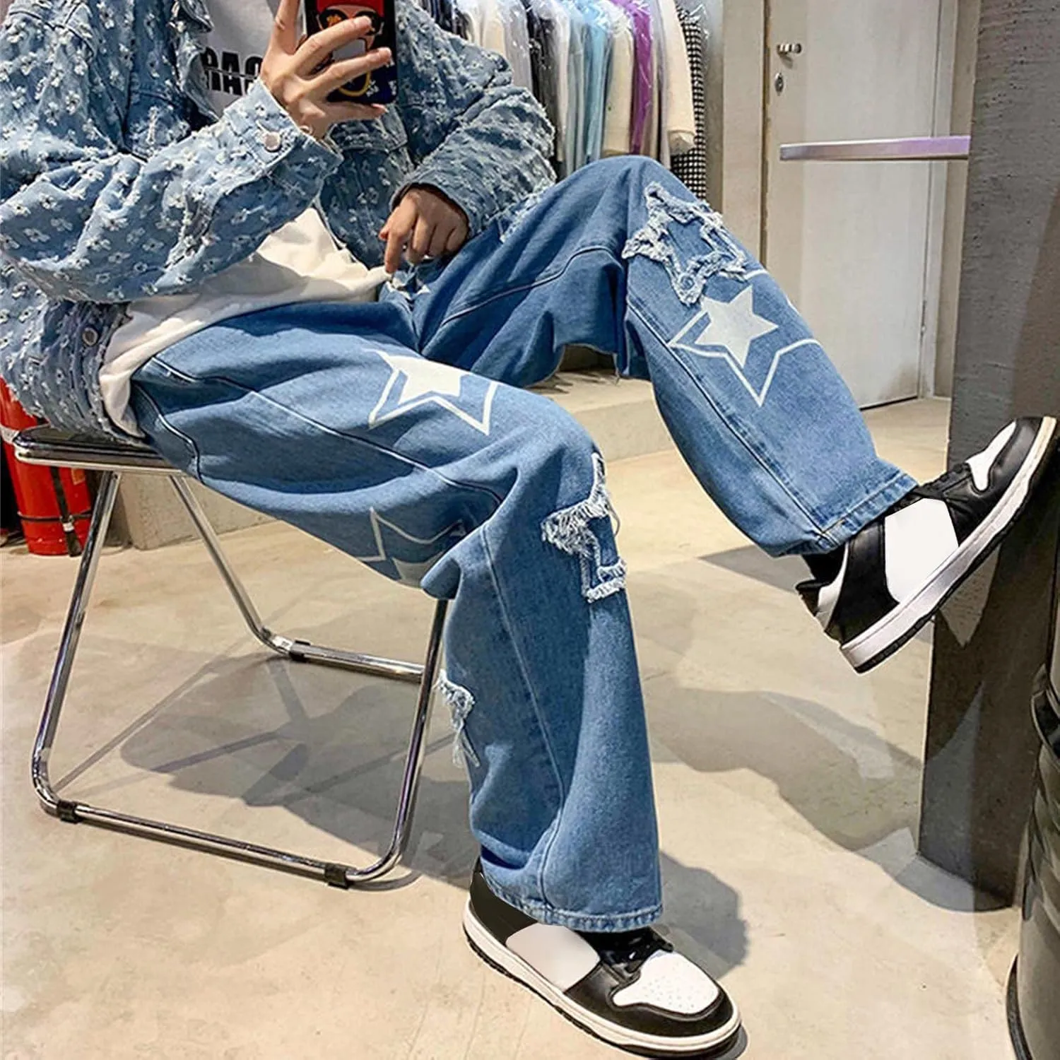 MIDOO Mens Pants Jeans Stretch Casual Aesthetic Jeans Straight Leg Pants Lightweight Loose Stretch Denim Pants Trousers