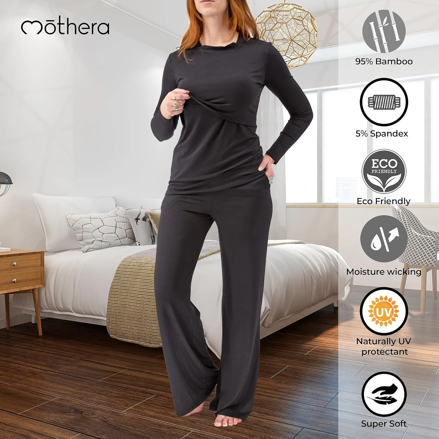 Mothera Postpartum Pajamas Maternity Loungewear Set Nursing Pajamas for Easy Breastfeeding, Adjustable Drawstring