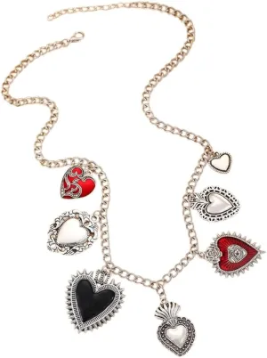 Multipurpose Antique Silver Statement Necklace Featuring Multiple Flaming Heart Pendants and Gothic Designs Wear