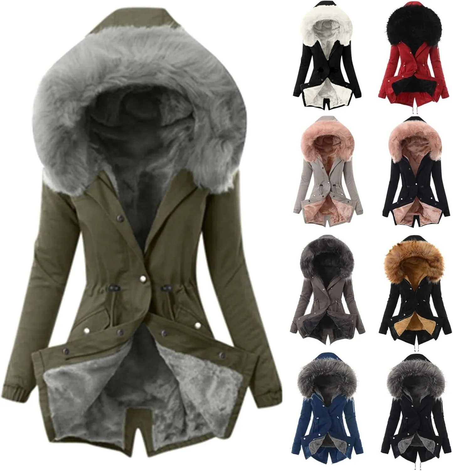 nerohusy Womens Thicken Hooded Parkas Coats Faux Fur Fleece Line Down Jackets with Pockets Parkas Long Coats Winter 2022