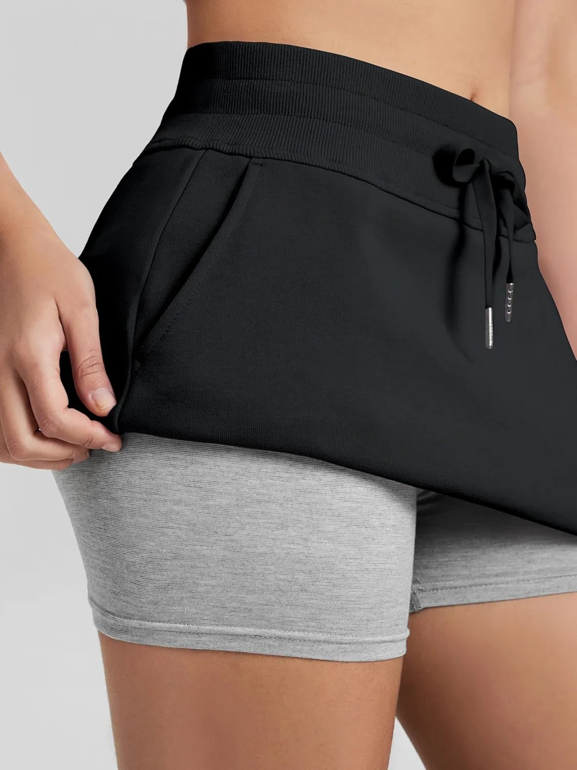 ODODOS Women's Cotton French Terry Skorts Drawstring Tie Built-in Shorts Daily Skirts with Pockets