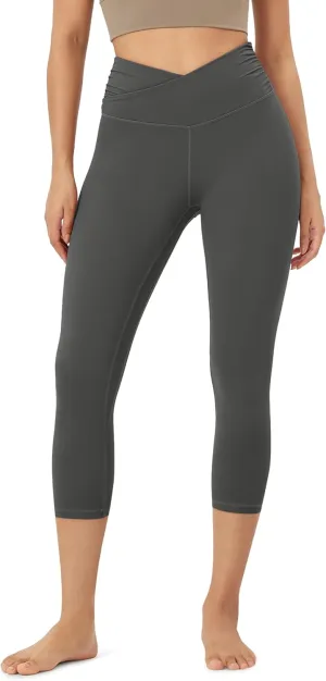 ODODOS Women's Cross Waist Yoga Leggings with Inner Pocket, 23"/25"/28" Gathered Crossover Workout Yoga Pants