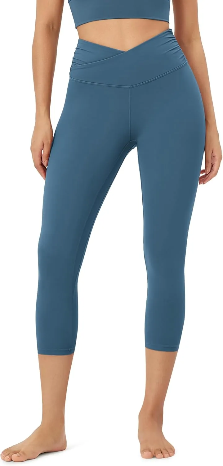 ODODOS Women's Cross Waist Yoga Leggings with Inner Pocket, 23"/25"/28" Gathered Crossover Workout Yoga Pants
