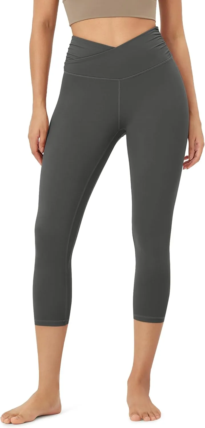 ODODOS Women's Cross Waist Yoga Leggings with Inner Pocket, 23"/25"/28" Gathered Crossover Workout Yoga Pants
