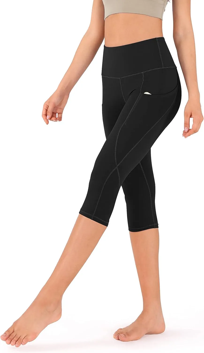ODODOS Women's High Waisted Yoga Capris with Pockets, Tummy Control Non See Through Workout Athletic Running Capri Leggings