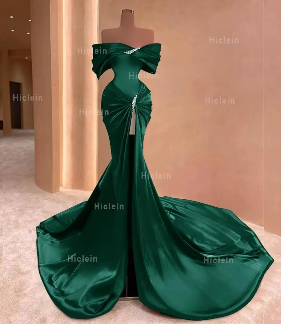 Off Shoulder Satin Prom Dresses for Women 2025 Sparkly Beaded Mermaid Corset Formal Evening Gowns with Train