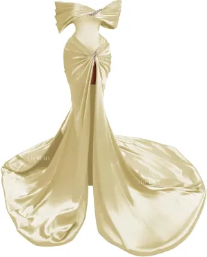 Off Shoulder Satin Prom Dresses for Women 2025 Sparkly Beaded Mermaid Corset Formal Evening Gowns with Train