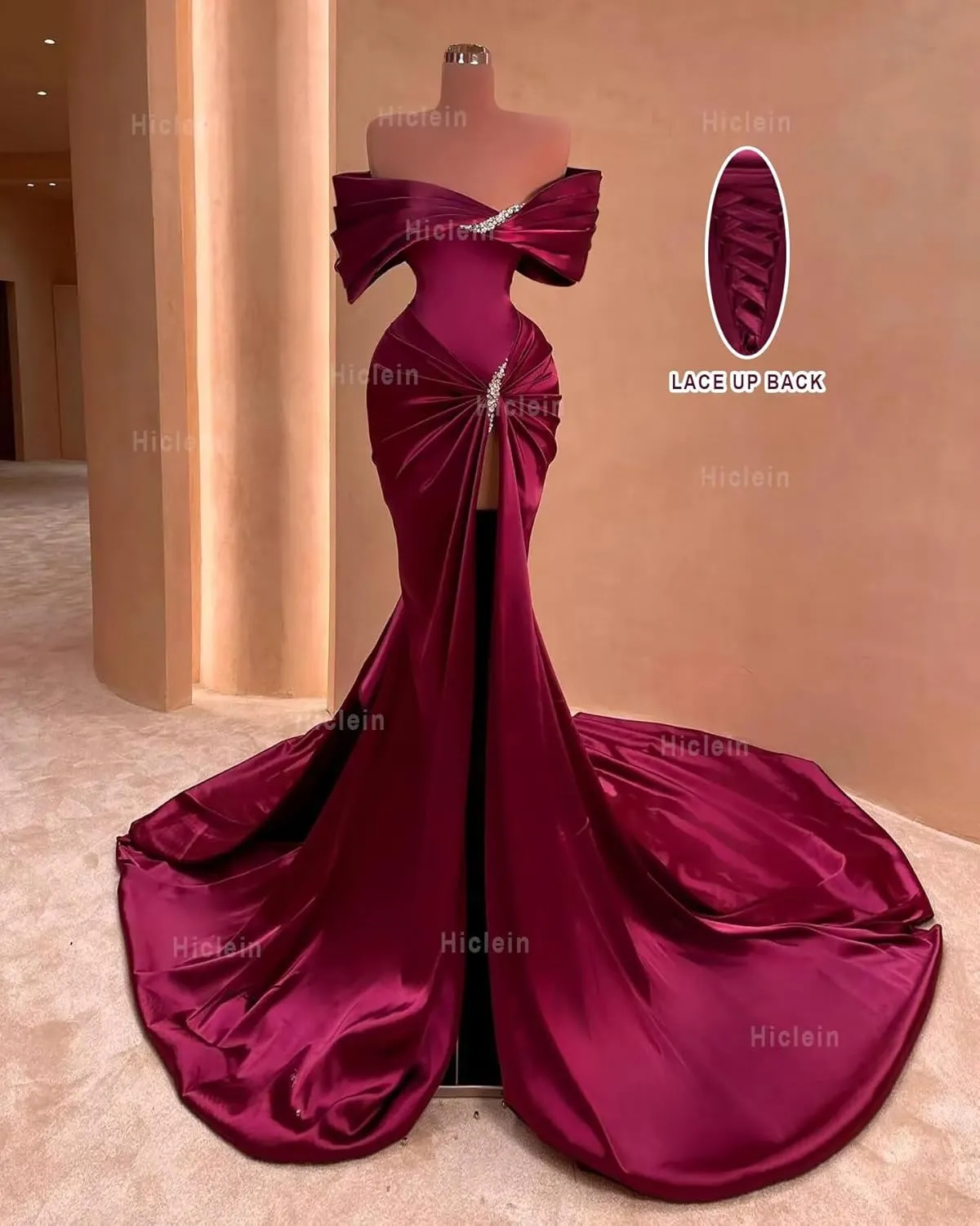 Off Shoulder Satin Prom Dresses for Women 2025 Sparkly Beaded Mermaid Corset Formal Evening Gowns with Train