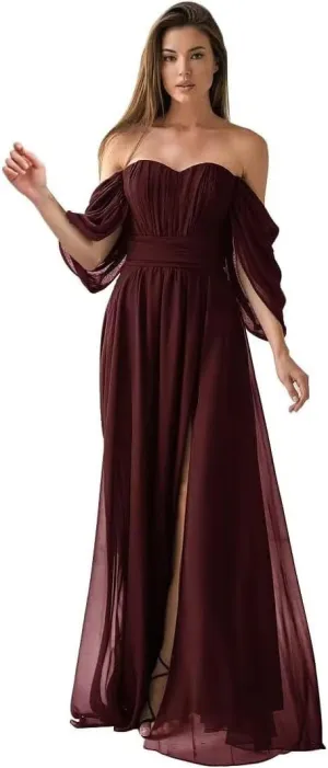 Off The Shoulder Bridesmaid Dresses with Slit Chiffon Sweetheart Ruched Long Formal Gown with Pockets IMC033