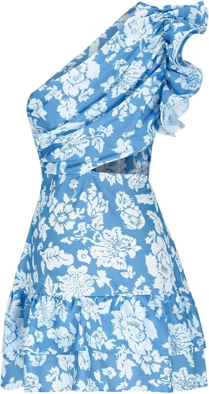 One Shoulder Vacation Dress for Women Casual Summer Floral Printed Ruffle Sleeveless Cutout Mini Dresses Boho Beach Sundress
