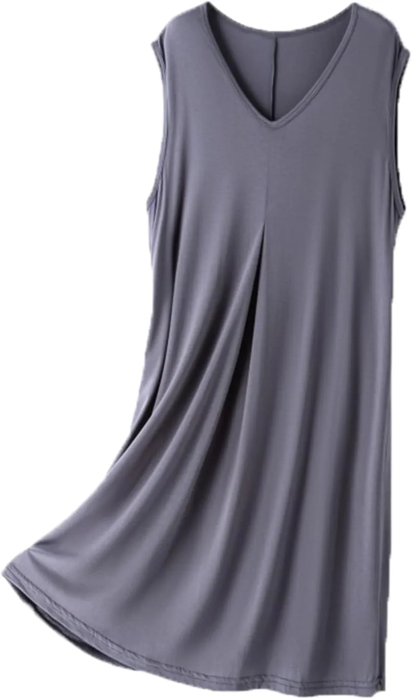 Oplxuo Cotton Nightgowns for Women V-Neck Lounge Dress Casual Sleeveless Long Sleep Shirts Summer Solid Color Sleepwear