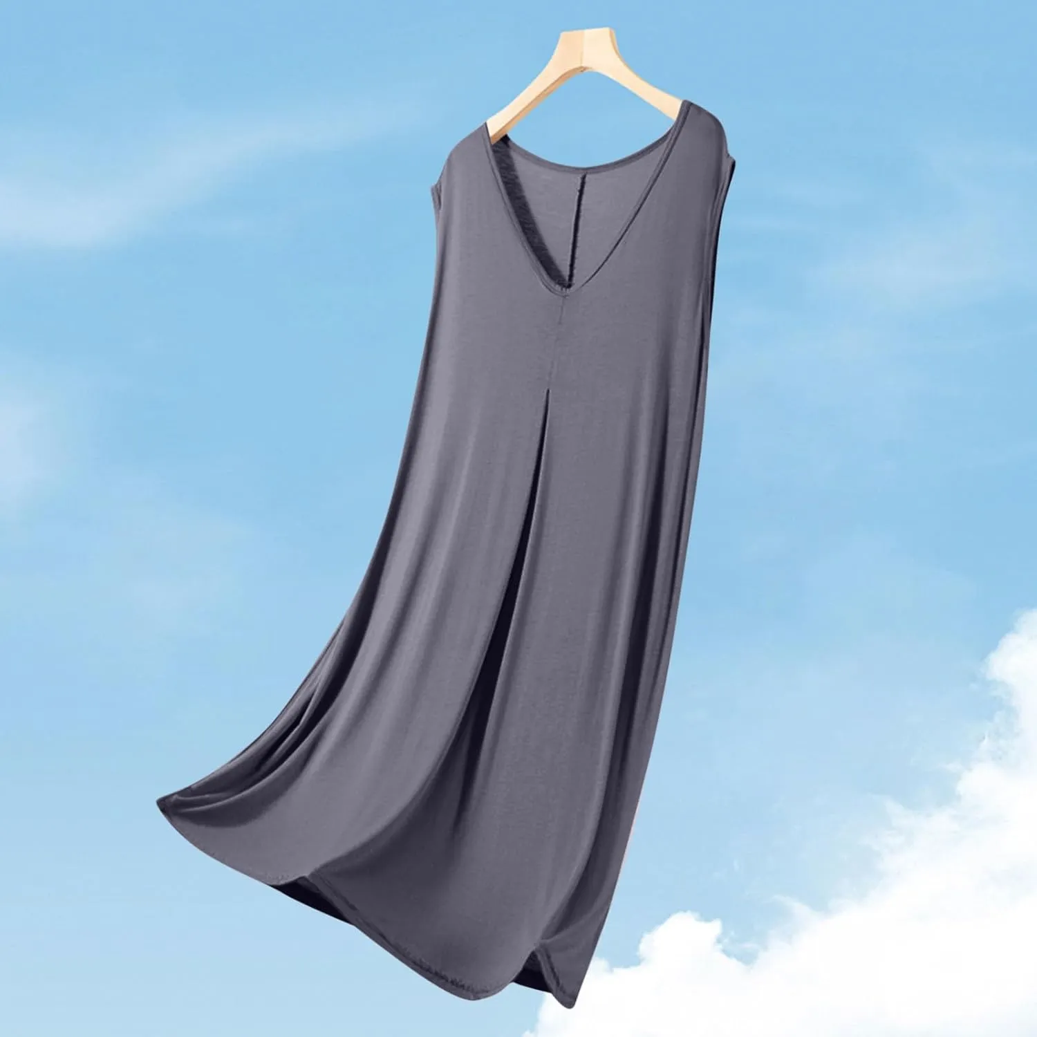 Oplxuo Cotton Nightgowns for Women V-Neck Lounge Dress Casual Sleeveless Long Sleep Shirts Summer Solid Color Sleepwear