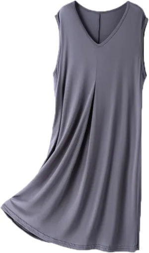 Oplxuo Cotton Nightgowns for Women V-Neck Lounge Dress Casual Sleeveless Long Sleep Shirts Summer Solid Color Sleepwear