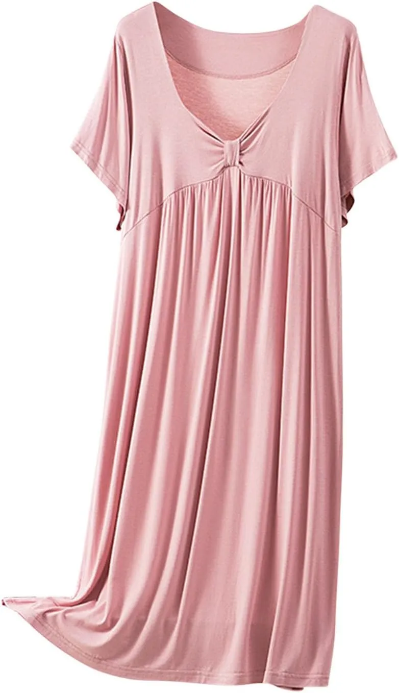 Oplxuo Nightgown for Women Soft Cotton Sleepwear Short Sleeve Sleep Shirt V Neck Pleated Solid Color Nightdress