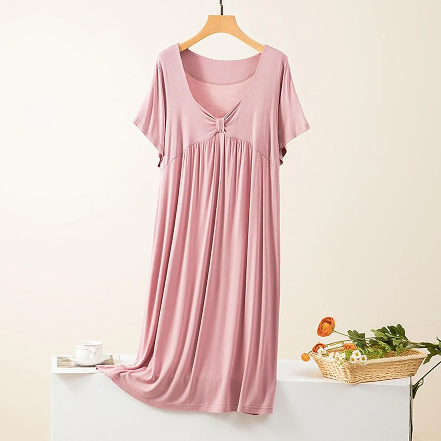 Oplxuo Nightgown for Women Soft Cotton Sleepwear Short Sleeve Sleep Shirt V Neck Pleated Solid Color Nightdress