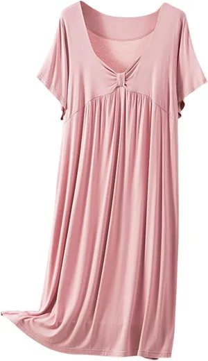 Oplxuo Nightgown for Women Soft Cotton Sleepwear Short Sleeve Sleep Shirt V Neck Pleated Solid Color Nightdress