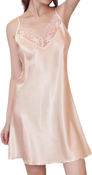 Oplxuo Women Silk Satin Nightgown Sexy Lace V-Neck Chemise Lingerie Short Sleepdress for Ladies Sleepwear Slip Negligee
